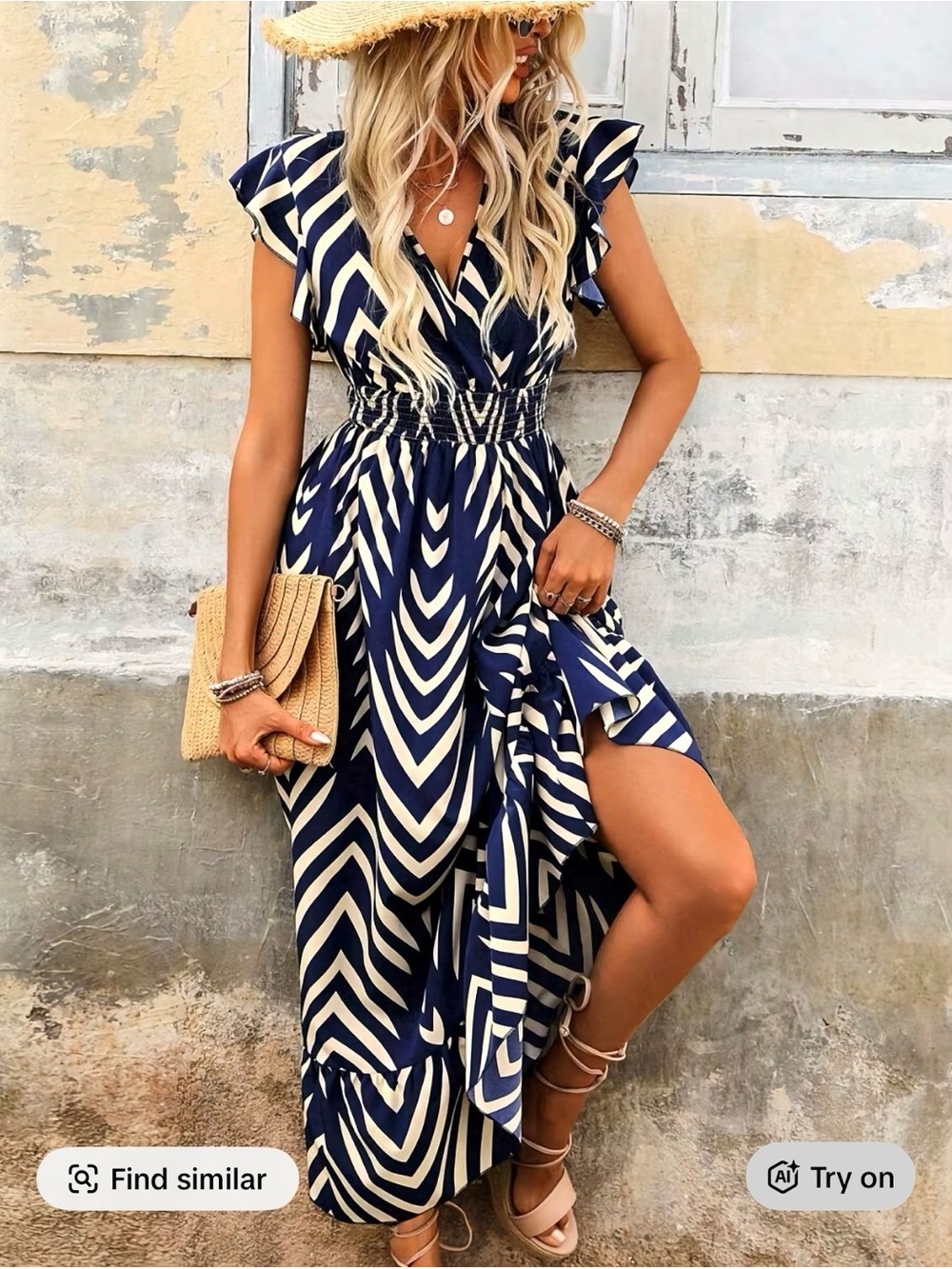 Navy & White Chevron Wrap Maxi Dress with Smocked Waist